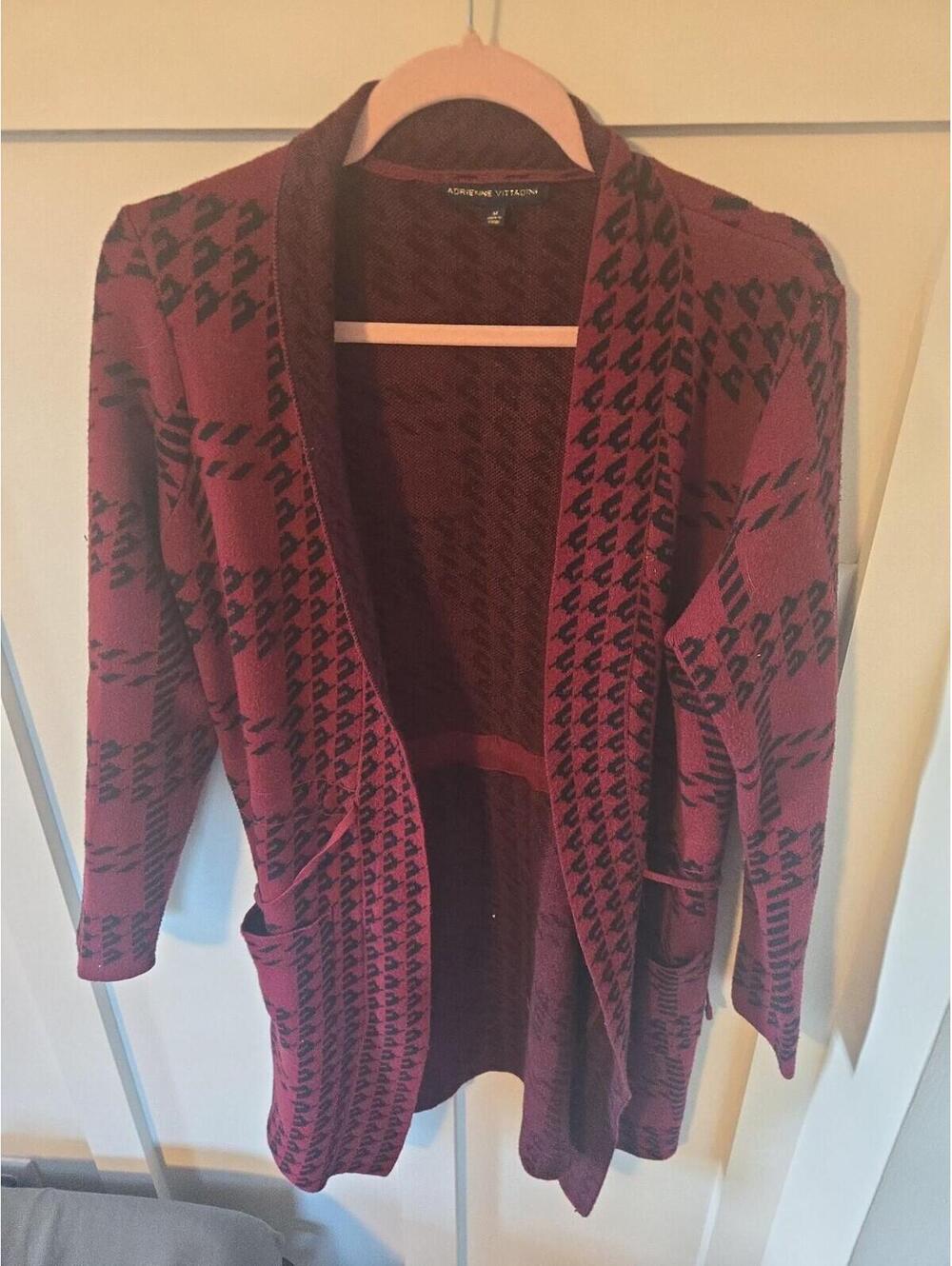 Adrienne Vittadini Burgundy Houndstooth Open Front Cardigan Size M - Picture 1 of 6
